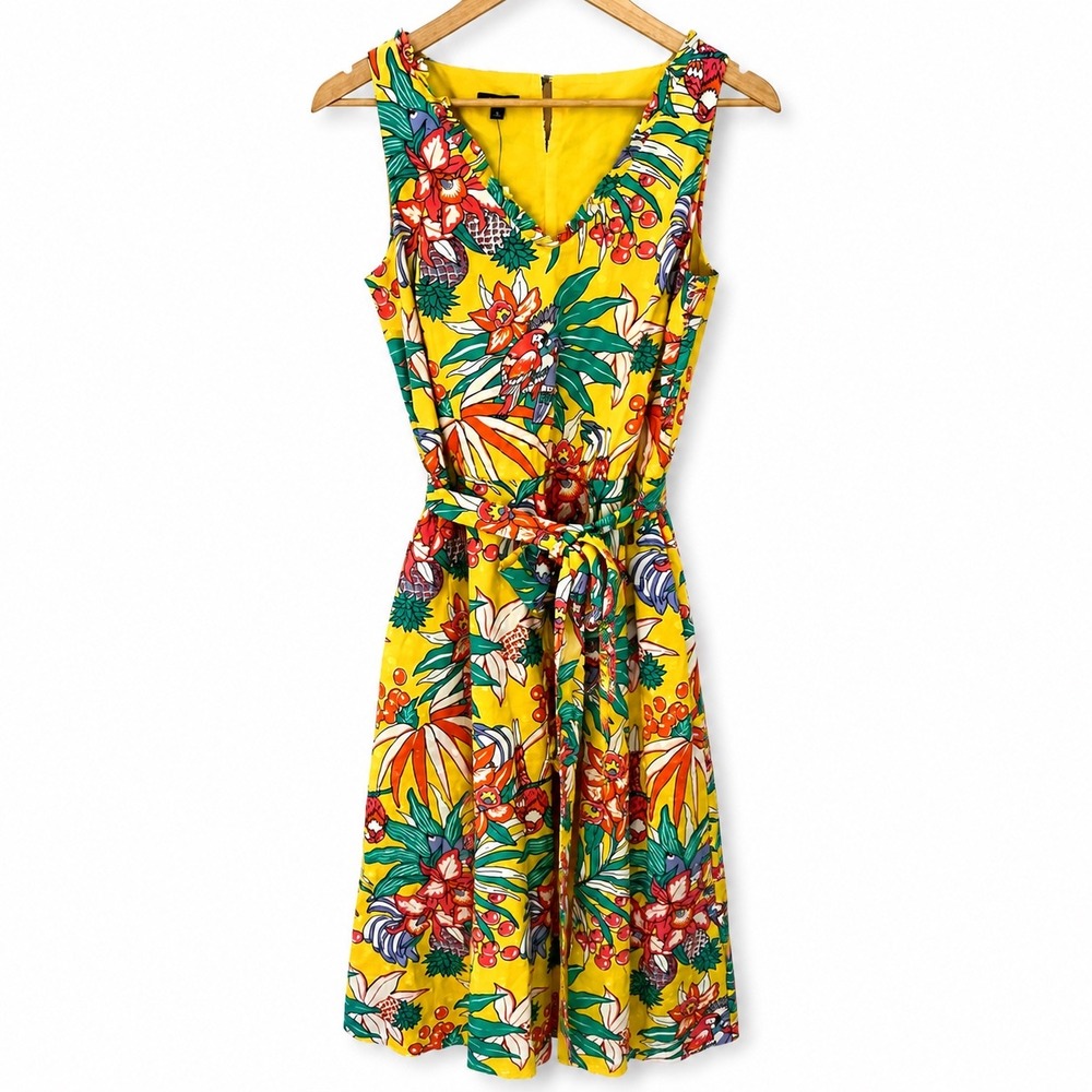 Talbots Yellow Tropical Parrot‎ Floral Swiss Dot Cotton Belted Midi Dress 4 NWT